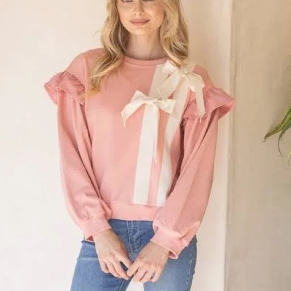 Pink Ruffle Sweatshirt with Cream Bows - Picture 4 of 10